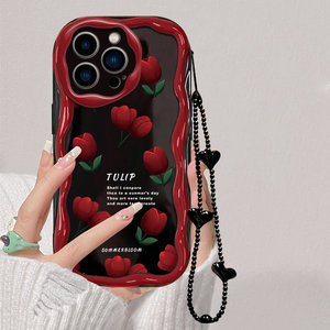 红色郁金香适用于苹果13ProMax手机壳全包镜头硅胶防摔iPhone个性简约时尚创意新款软壳波浪奶油纹保护套