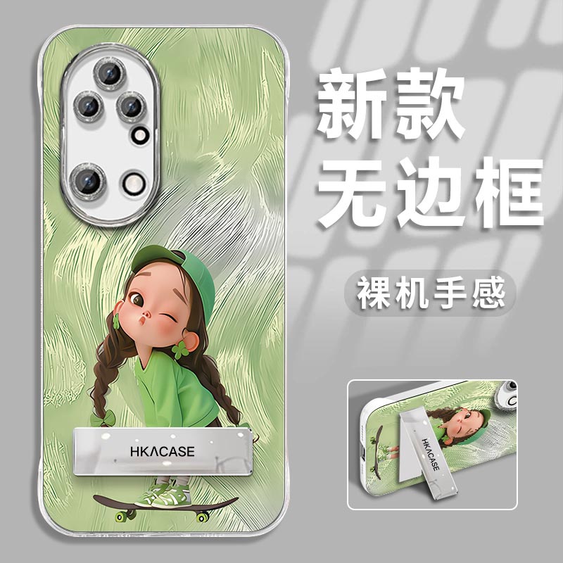 适用华为p50手机壳新款滑板少女羽纱无边框华为P50PRO高级感简约防摔P50e时尚创意电镀支架新品保护套