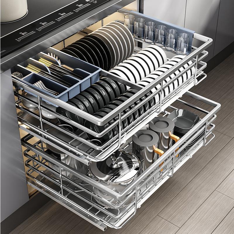 定制厨房碗碟盘子收纳架橱柜双层抽屉式拉篮家用不锈钢沥水架置物