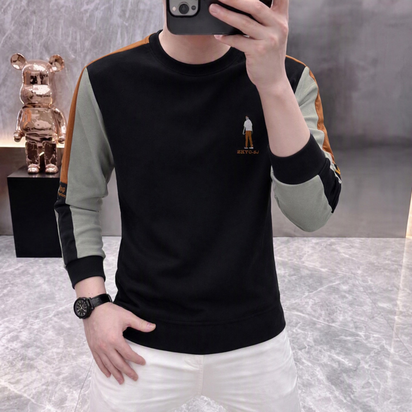 维干优选好物精品男装秋季新款男士圆领刺绣卫衣潮流休闲百搭长a4