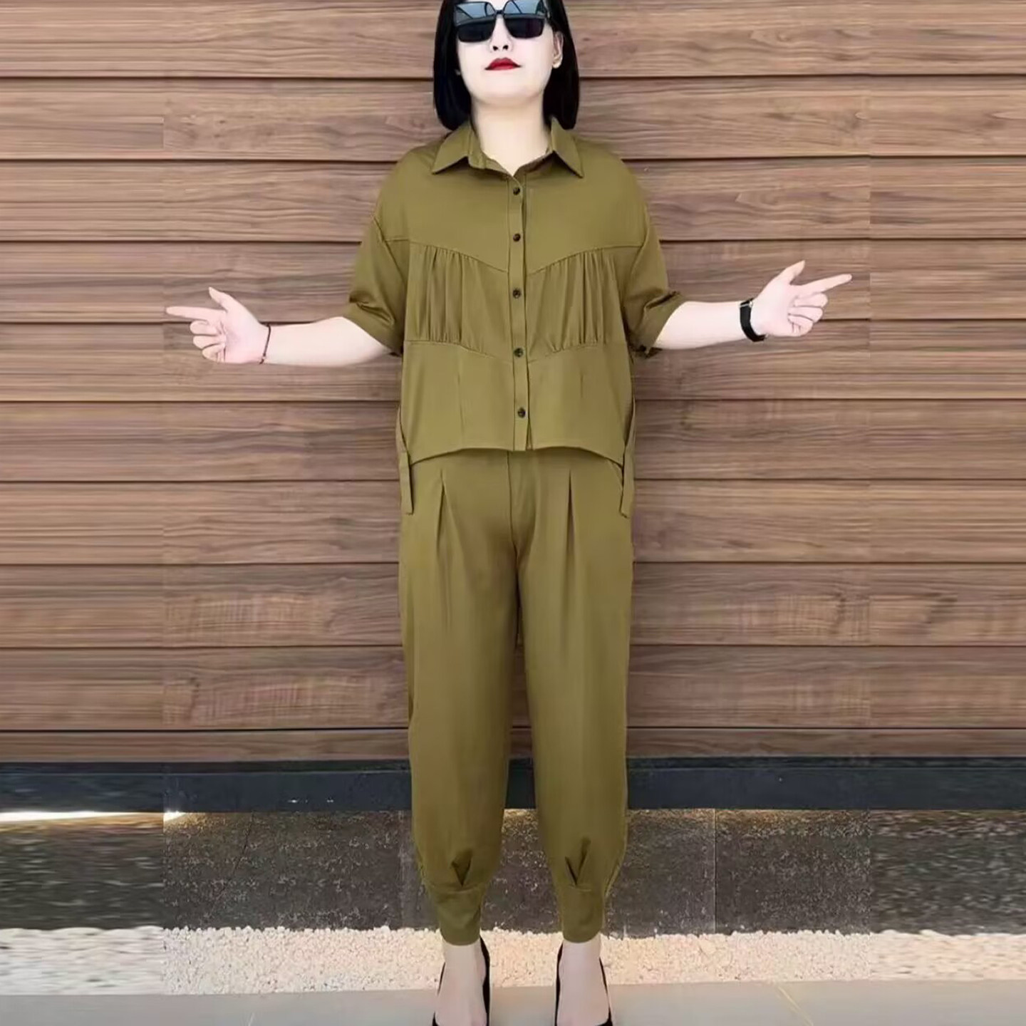 霸邦女装宽松韩版休闲套装2026夏季女士款纯色洋气显瘦短袖两件套