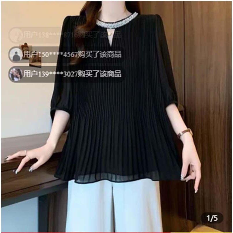 路途夏季女装t恤女中袖时尚气质褶皱小衫宽松休闲装百搭雪纺衬a3