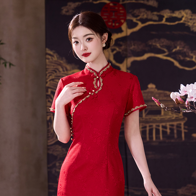 红色旗袍新娘敬酒服订婚礼服裙