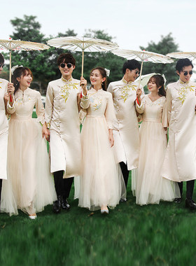 中式伴郎伴娘服2025新款汉服姐妹团兄弟装礼服裙国风大码秀禾旗袍