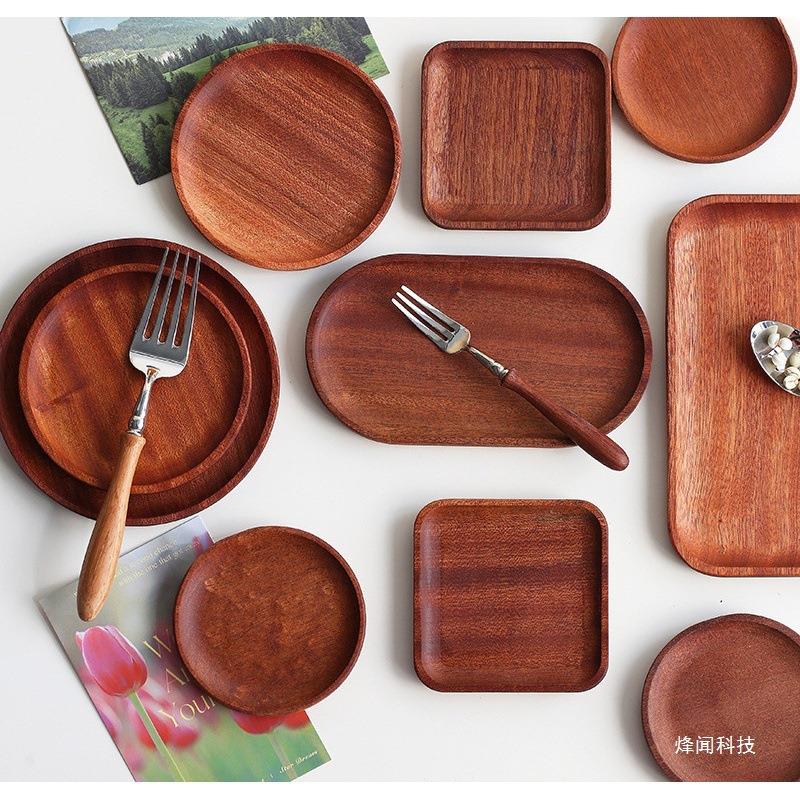 日式长方形餐具托盘椭圆形实木檀木盘乌茶水杯家用圆形盘子碟西餐