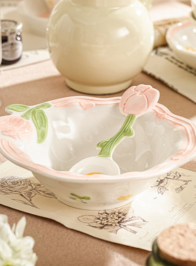 郁见花开双耳碗面碗家用陶瓷汤碗汤盆高颜值水果沙拉碗大碗泡面碗