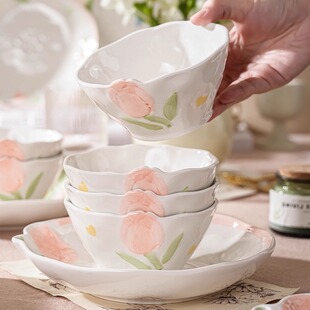 郁见花开特别好看的饭碗套装家用浮雕釉下彩米饭碗盘餐具2025新款