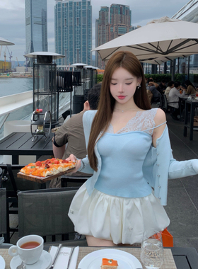 魏妮妮蓝色毛衣针织蕾丝小开衫春季套装百搭短款上衣外搭两件套女