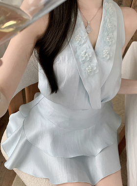 魏妮妮半夏海盐小香风蓝色韩版气质无袖短裙两件套连衣裙套装女夏