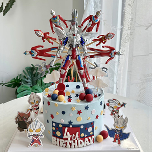 儿童生日蛋糕装 饰摆件电动旋转摩天轮生日插件 饰旋转奥特曼蛋糕装