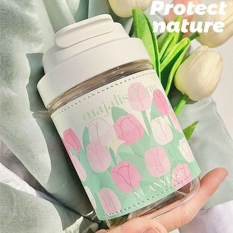 清新少女风玻璃吸管杯配杯套|