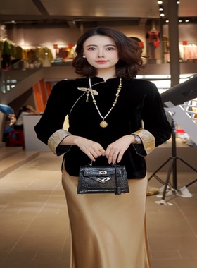 秋季新中式丝绒百搭复古圆领气质衬衫6394