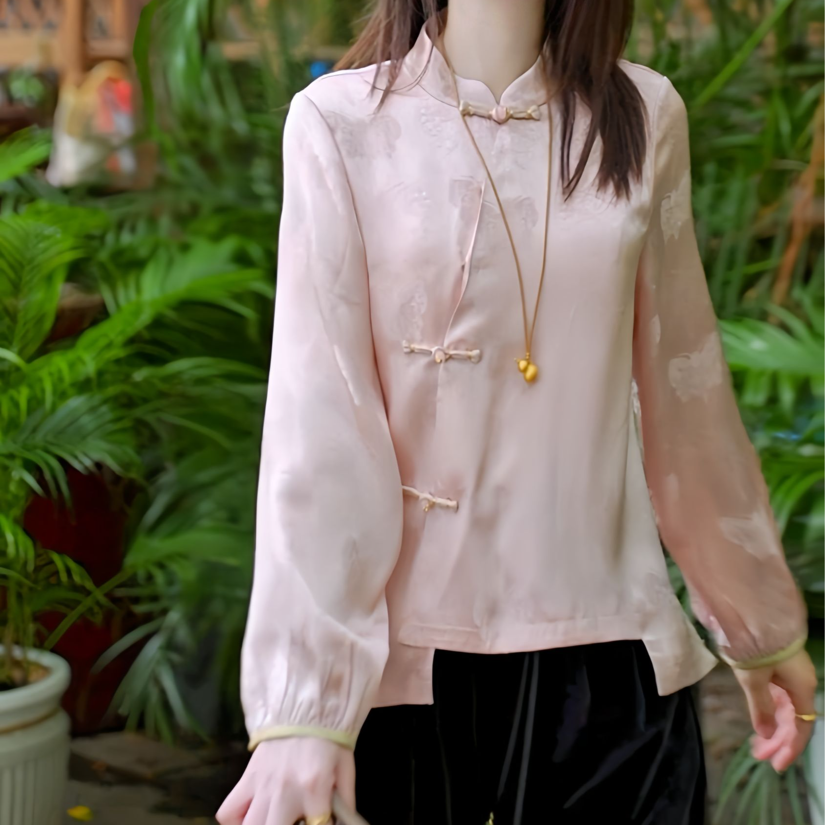 《欣欣定制》2025年秋冬季醋酸新中式百搭立领气质显瘦衬衫6697