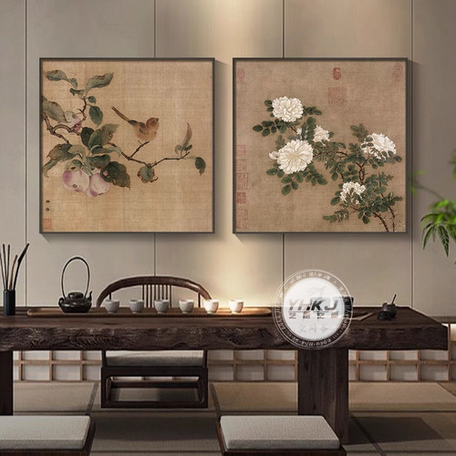 新中式复古花鸟图茶室装饰画
