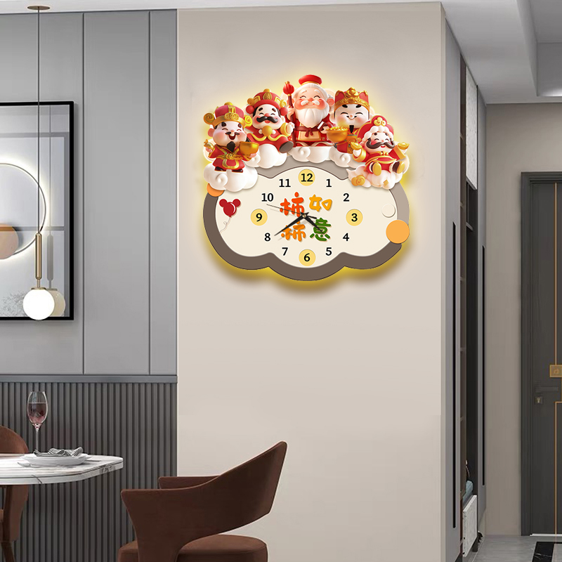 新中式财神爷餐厅静音钟表挂墙
