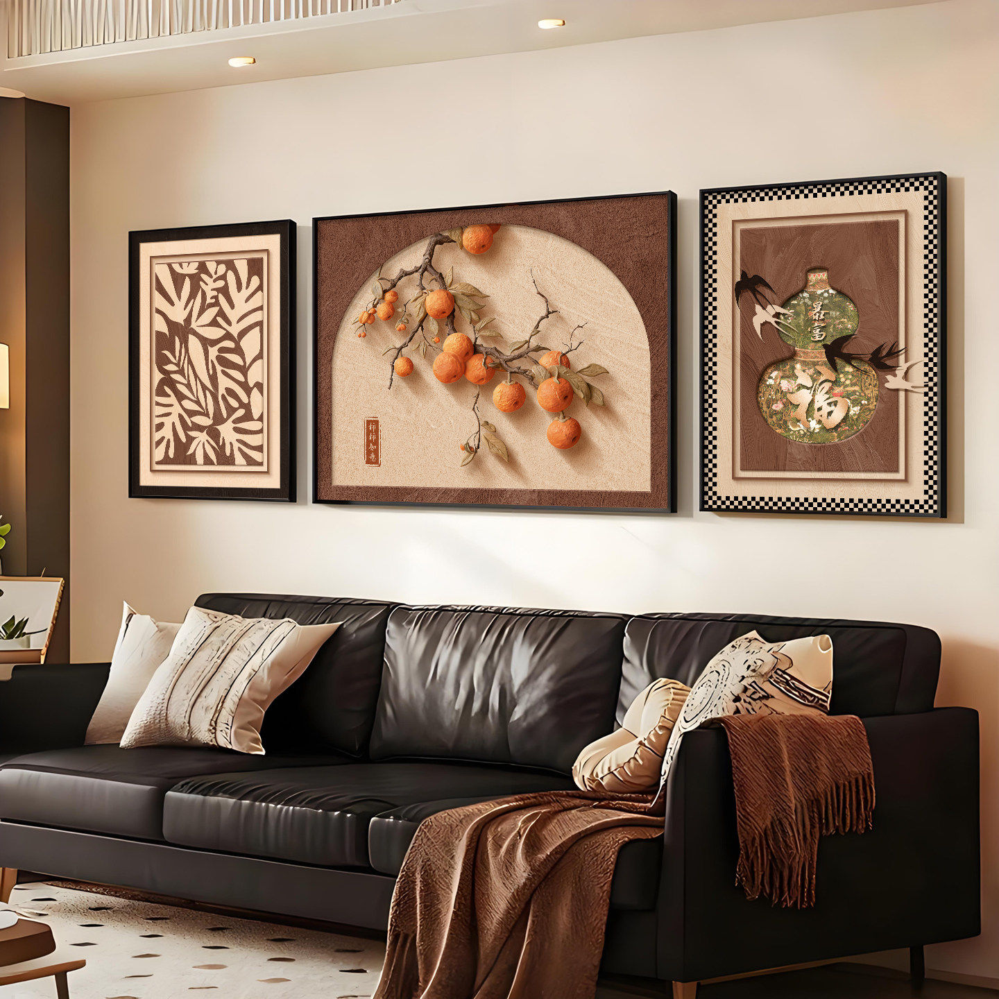 柿柿如意三联挂画中古风客厅装饰画新款高级感沙发背景墙组合壁画,家居饰品,现代装饰画,淘宝优惠券,粉丝福利购,淘宝优惠卷