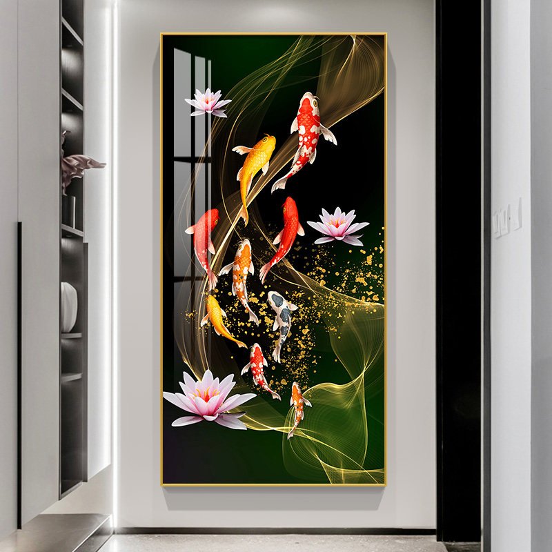 九鱼图入户玄关装饰画竖版寓意好的过道走廊挂画聚财招财玄幻壁画
