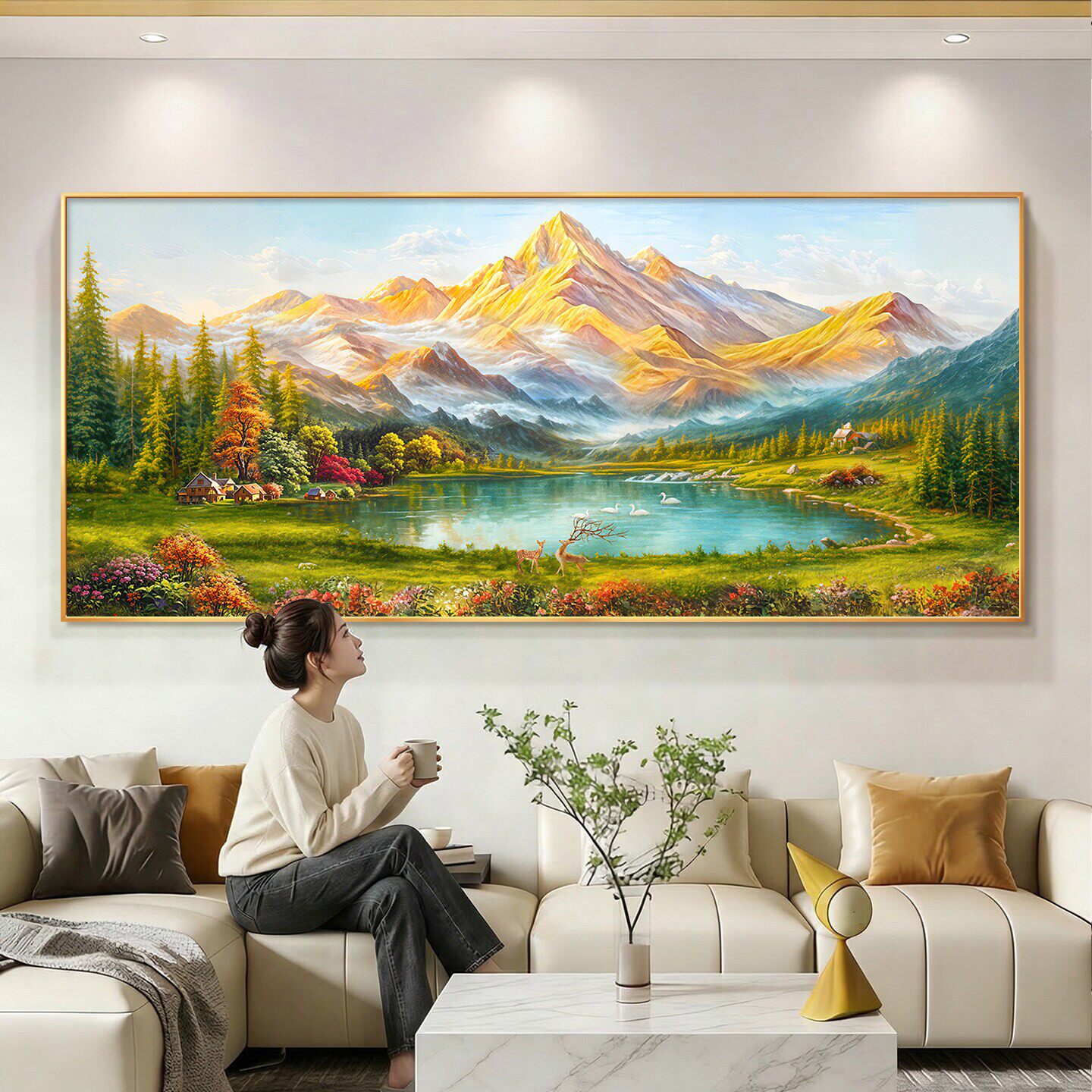 聚宝盆山水画客厅装饰画高级感沙发背景墙靠山图挂画日照金山壁画
