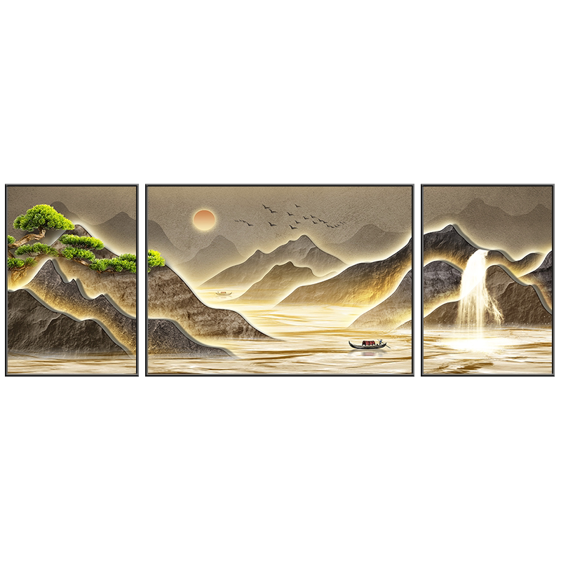 新中式迎客松客厅装饰画三联画
