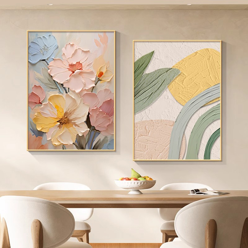 奶油风餐厅装饰画立体感肌理花卉餐桌客厅背景墙壁画沙发饭厅挂画图片