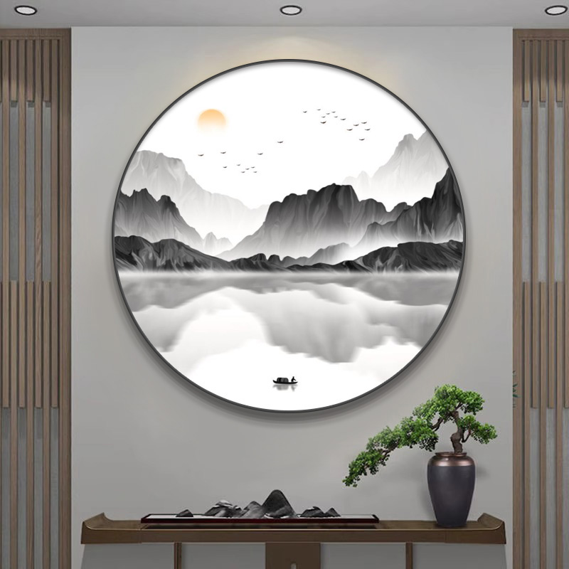 圆形山水新中式客厅沙发装饰画书房茶室玄关背景墙挂画办公室壁画图片