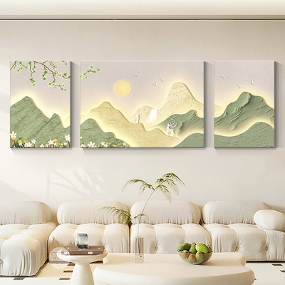 奶油风日照金山客厅三联装饰画