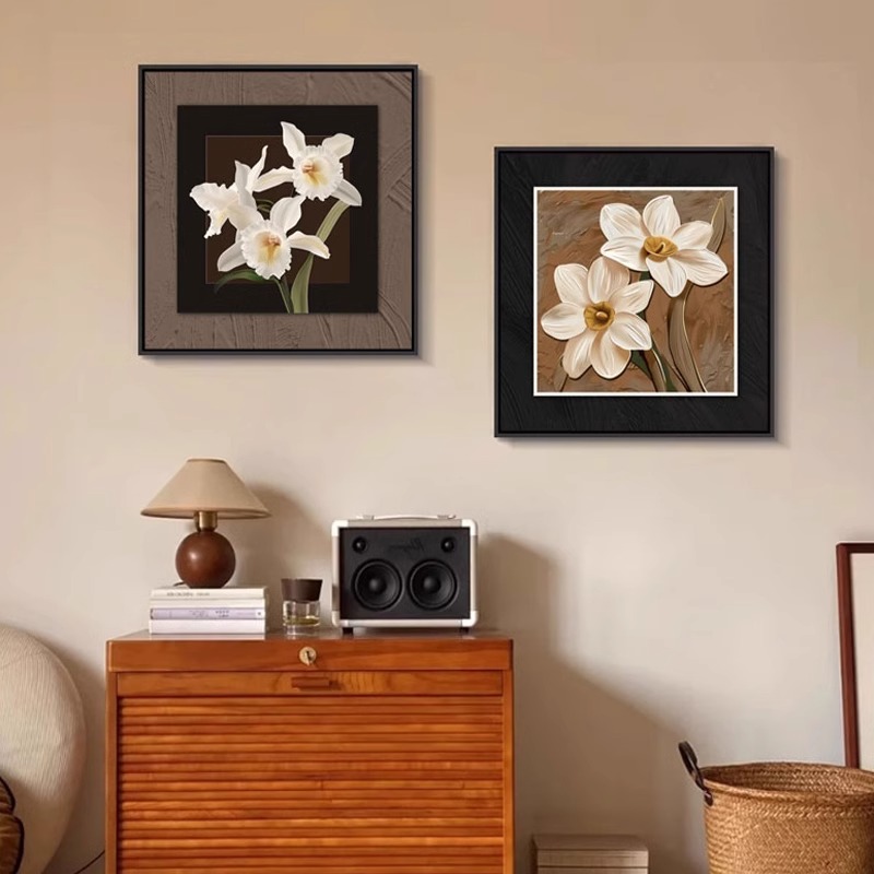 中古风植物客厅装饰画法式沙发背景墙挂画高级感复古方形组合壁画图片