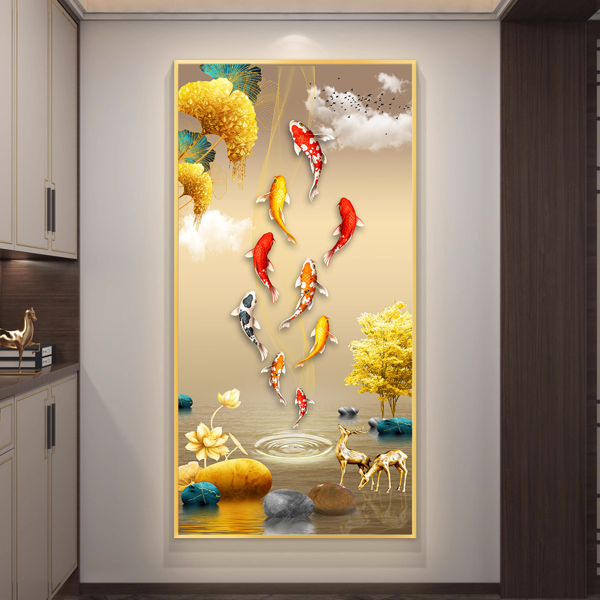 轻奢高端入户进门玄关装饰画九鱼图LED灯挂画走廊过道背景墙壁画,家居饰品,现代装饰画,淘宝优惠券,粉丝福利购,淘宝优惠卷