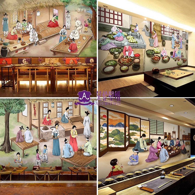 手绘韩式泡菜料理餐厅背景墙纸3d韩国传统民俗壁画烤肉火锅店壁纸
