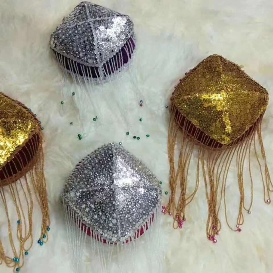 新疆串珠铃铛帽子维吾尔族女士花帽女童舞蹈演出四角亮片铃铛花帽