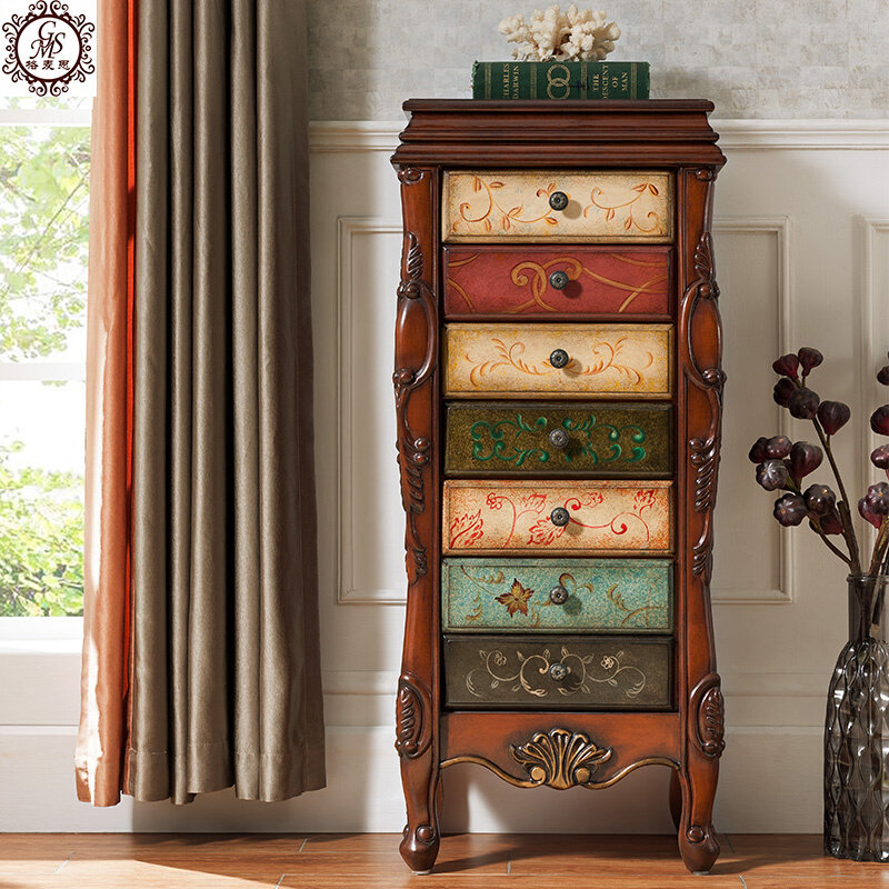 美式乡村实木珠宝首饰柜欧式复古彩绘收纳装饰柜卧室多斗储物柜子