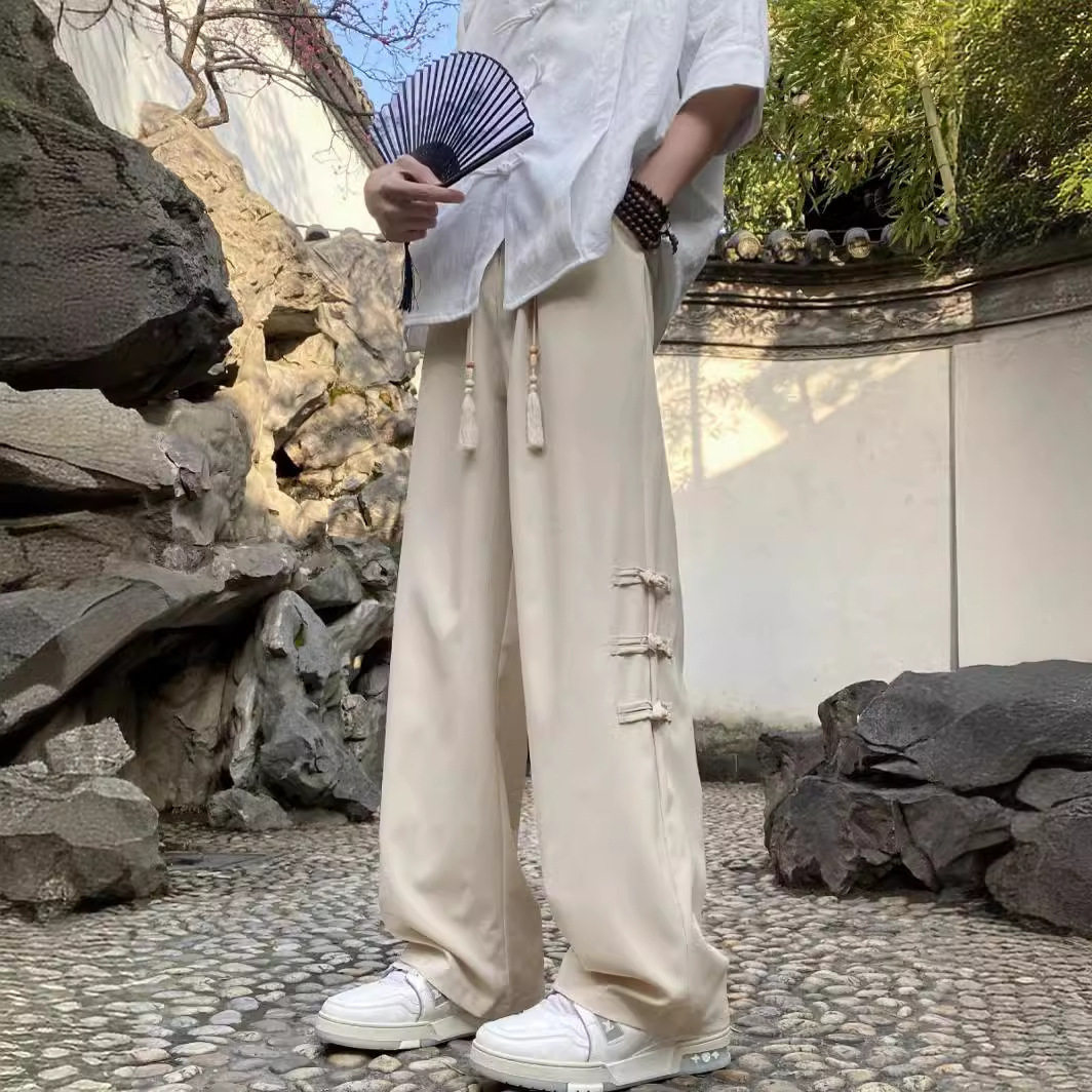 BLACBUK新中式国风盘扣裤子男士垂感宽松直筒阔腿休闲长裤K359