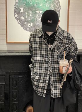 BLACBUK黑白格子长袖衬衫男设计感复古港味宽松衬衣C107