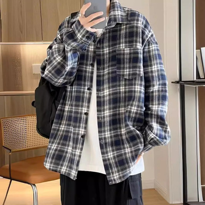 BLACBUK格子衬衫男长袖青少年潮流百搭宽松休闲工装衬衣CS02