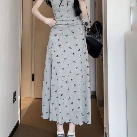 灰色波点蝴蝶结假两件连衣裙子2026女新款夏季小个子修身显瘦长裙