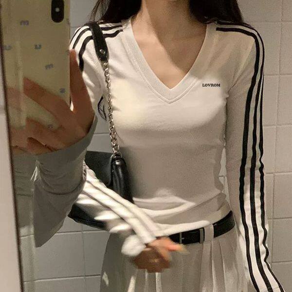 WASSUP条纹V领长袖t恤女秋季新款韩系辣妹修身内搭打底衫紧身上衣