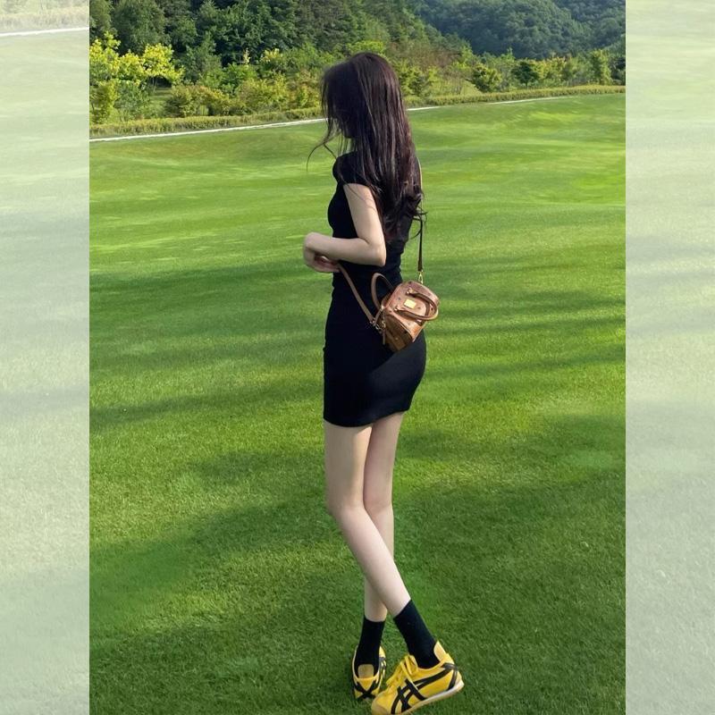 高品质棉黑色修身连衣裙女夏收腰包臀短裙性感掐腰显瘦裙子
