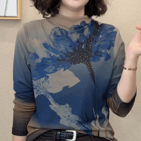 秋季时尚复古烫钻洋气女士长袖T恤显瘦百搭半高领花色打底衫女a2