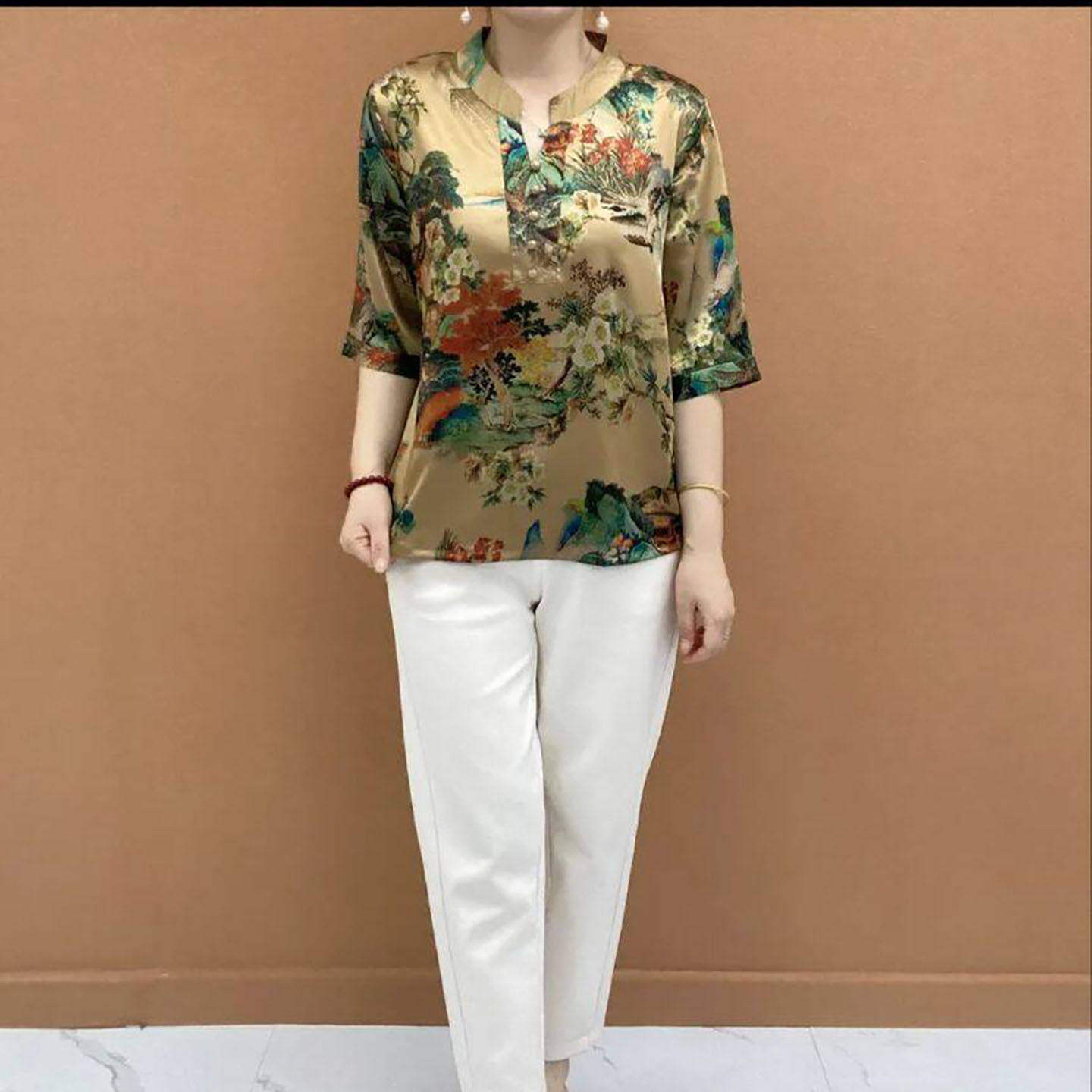云佳女装民族风仿真丝短袖小衫夏季女士款洋气中袖T恤中老年上a49