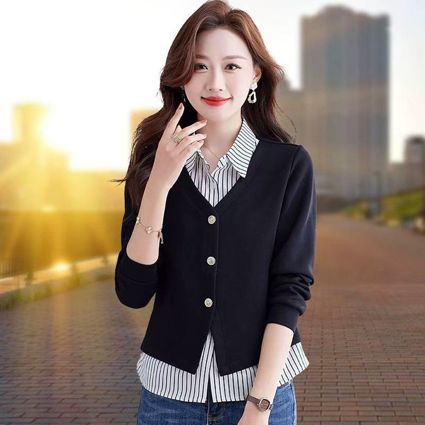 铂瑾精选女装2026春秋季新款女士假两件条纹针织衬衫洋气翻领衬a1