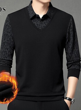 NYKBOOS男士假两件POLO衫秋冬新款豹纹翻领长袖上衣商务休闲男a48