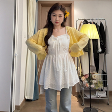 胖mm法式纯欲风蕾丝吊带背心女夏季显瘦气质黄色绑带开衫大码套装