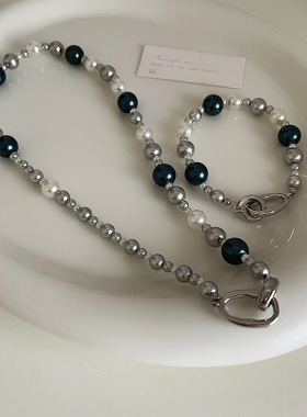 倪妮同款撞色珍珠项链女轻奢高级感简约气质百搭颈联锁骨链毛衣链