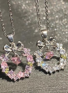 新款爱之花环项链女时尚轻奢百搭生日聚会爱心蝴蝶结锁骨颈链新款