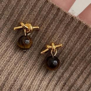 「浪漫定格」银针美拉德虎眼石耳钉氛围感秋冬季耳环气质温柔耳饰