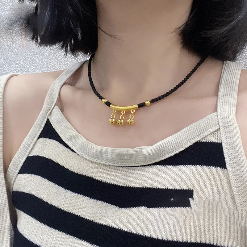 弯管黄金色吊坠女小金珠项链遮疤链本命年锁骨链项绳铃铛项圈脚链图片