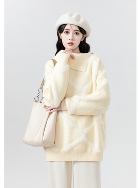 奶黄色菱格毛衣女2025秋冬新款奶fufu温柔软糯加绒加厚针织衫上衣