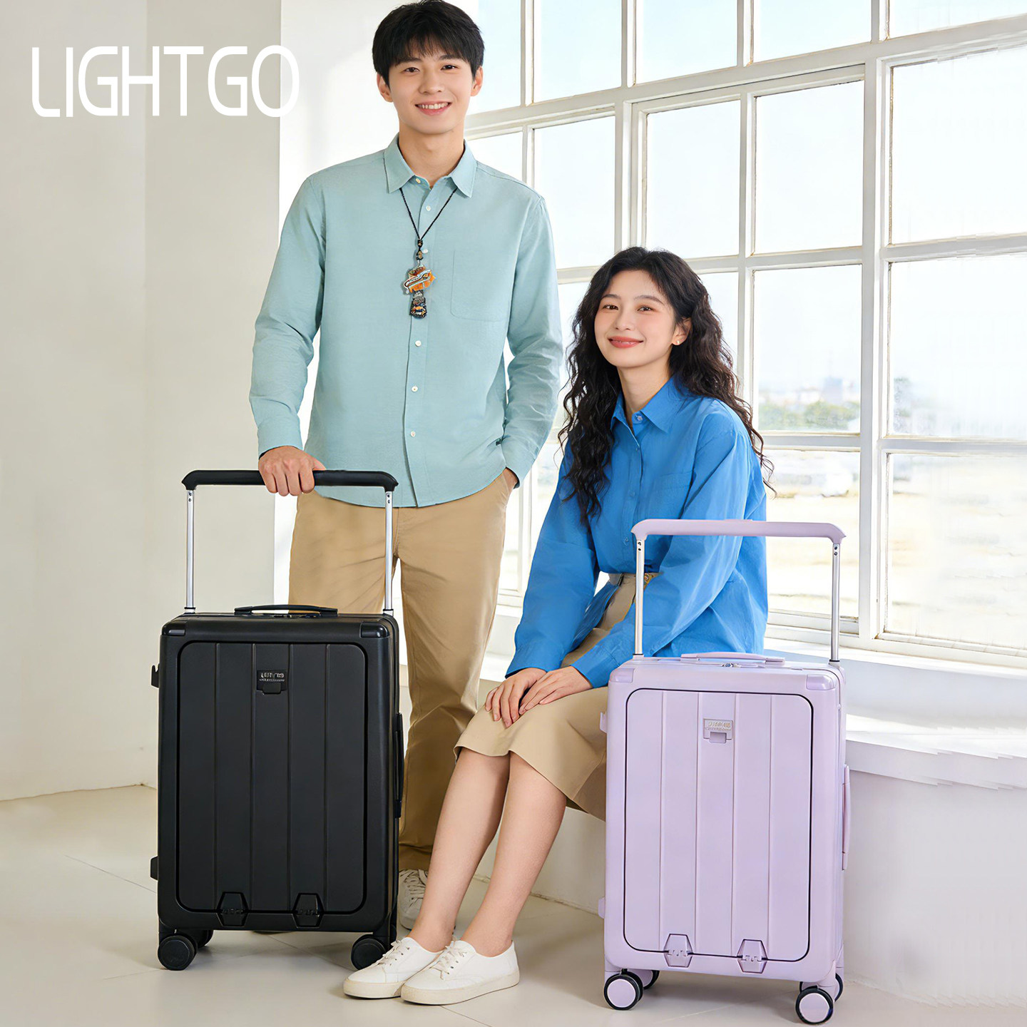 LIGHTGO宽拉杆铝框行李箱女多功能登机箱20商务男快捷取物旅行箱