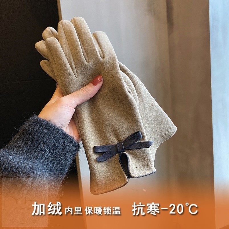 日韩手套加绒女秋季骑车冬天可触屏女士开车防寒简约保暖分指手套