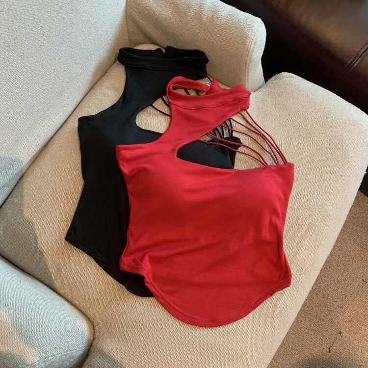不规则带胸垫运动背心女挂颈防震健身内衣红色美背瑜伽普拉提上衣